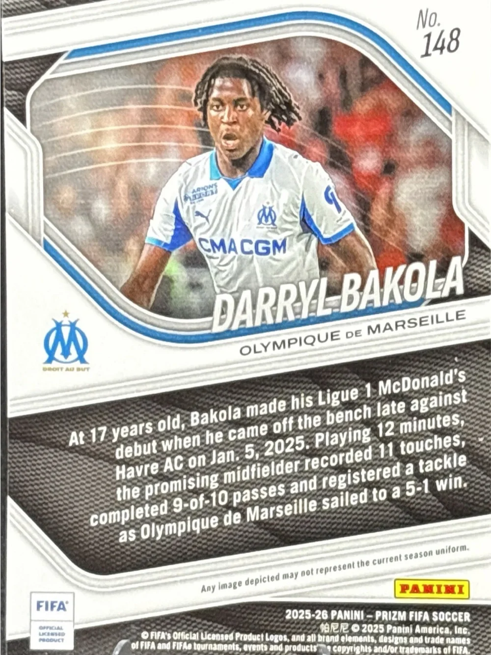 Panini Prizm Darryl Bakola Olympique de Marseille Rookie Soccer Trading Card